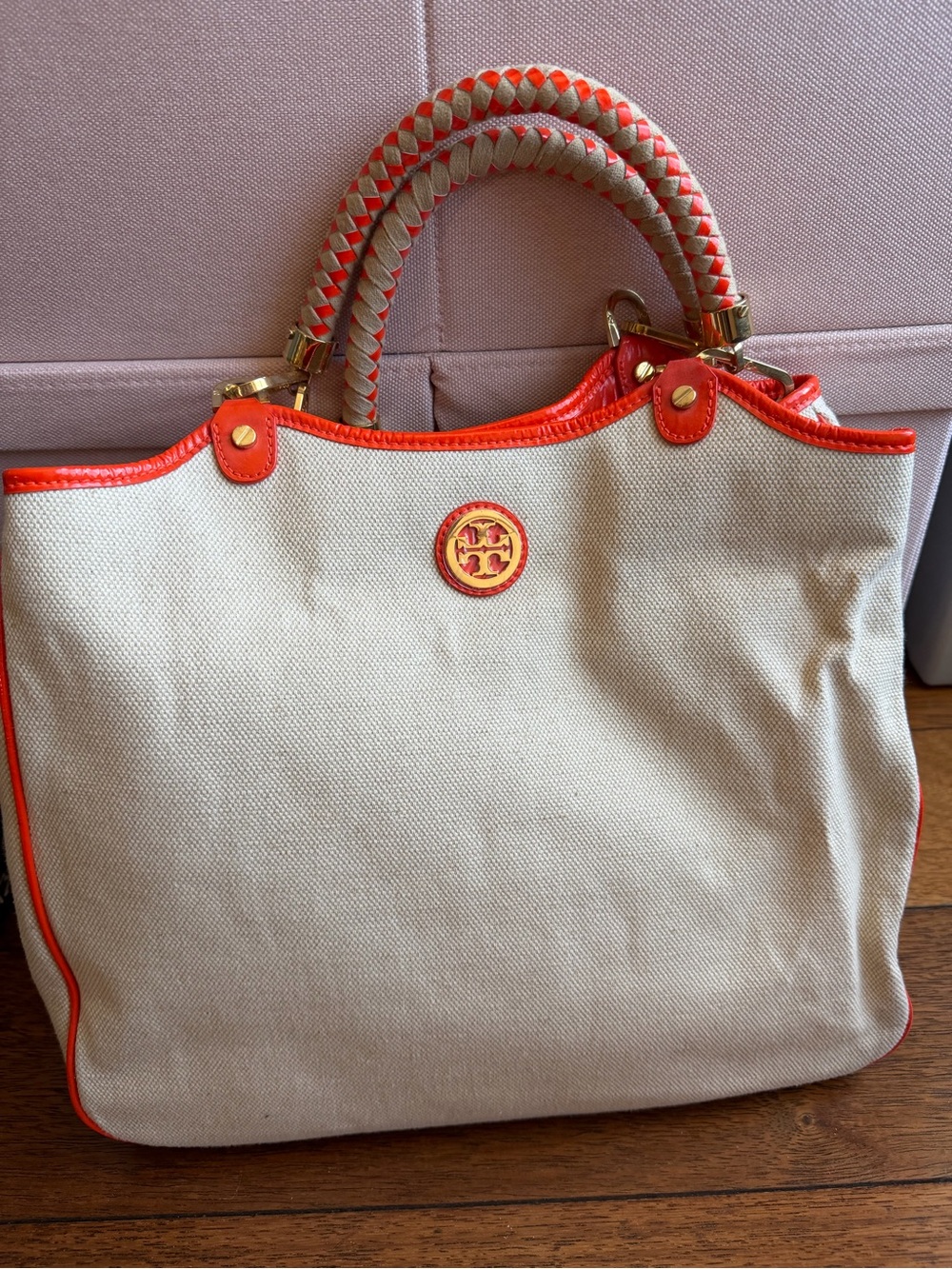 Tory Burch Cream Canvas Tote with Orange Trim and Braided Handles